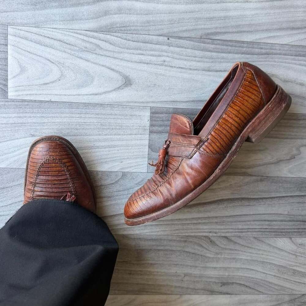 Allen Edmonds Tassel Loafers Size 7 1/2 C Brown Lizard Print Leather